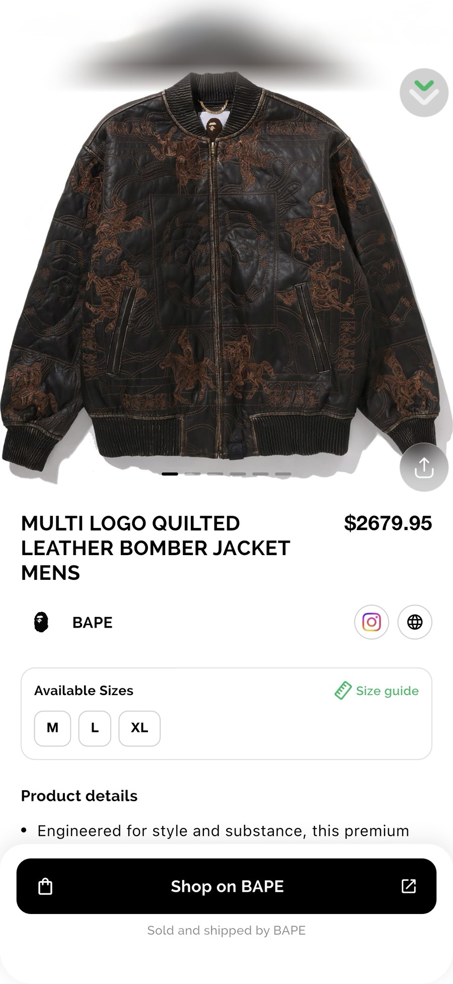 A Cloots product page: sizes, details, and a Shop on BAPE handoff to the brand's own store