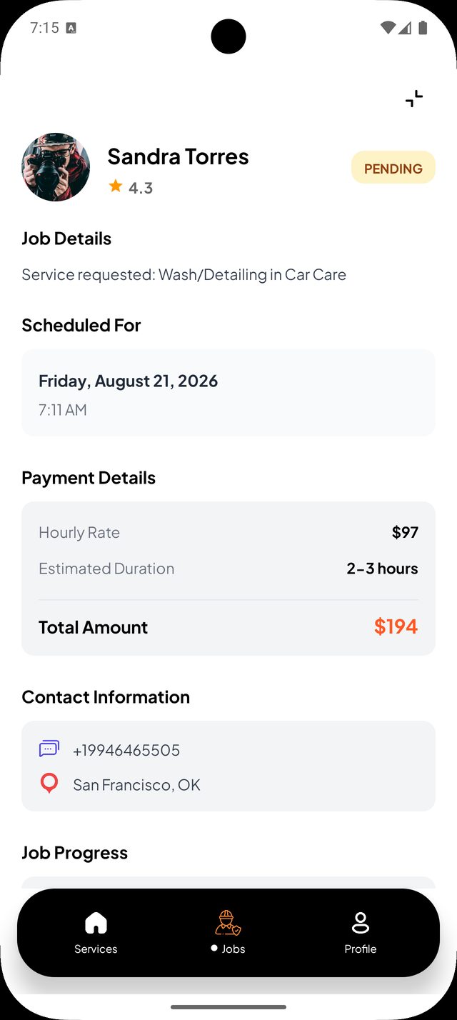 A Helv job detail: schedule, hourly rate, estimated duration, total amount and contact information