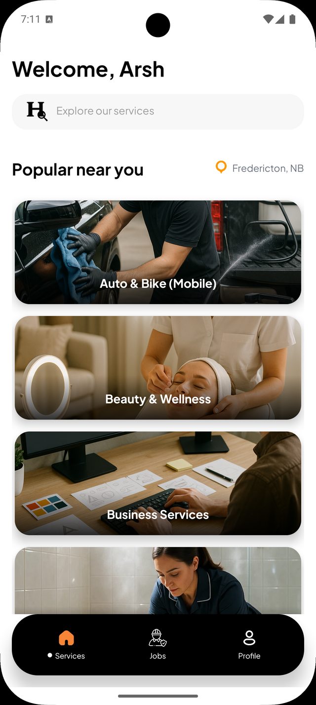 Helv home: a search field, and service categories with photography, near Fredericton