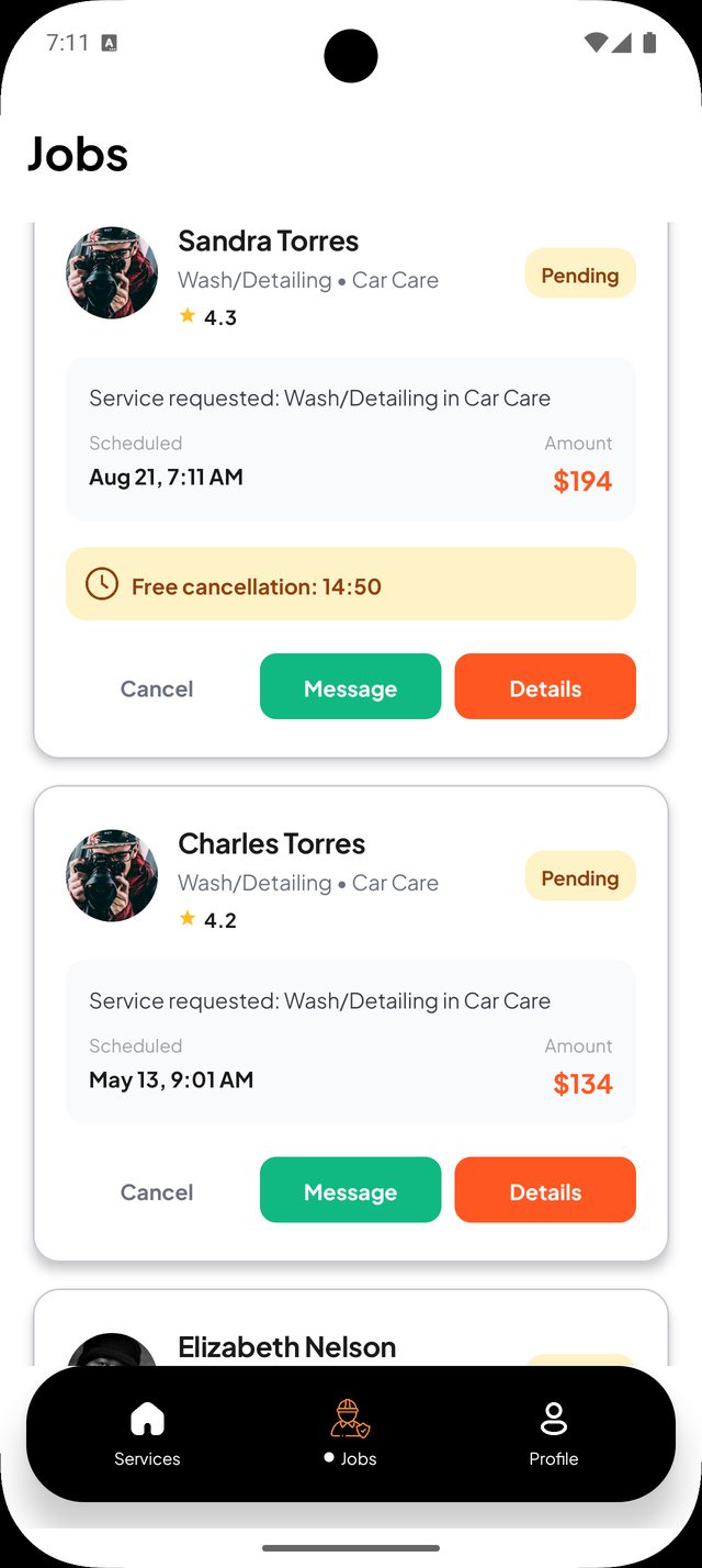 Helv jobs: booking cards showing pending status, scheduled time, amount and a cancellation window
