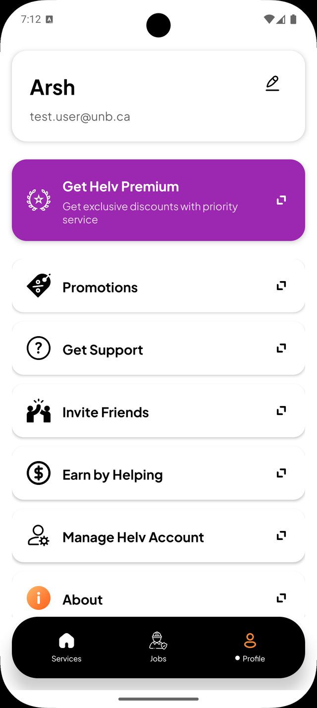 The Helv profile screen: premium upgrade, promotions, support, referrals and account management