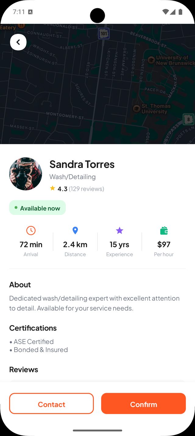 A Helv provider page: rating, availability, arrival time, distance, experience and hourly rate